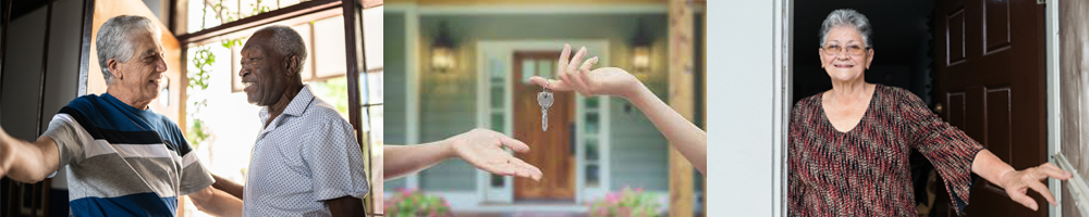 collage of photos, two friends at a door, a key being handed from one person to another, a woman opening the door of her home