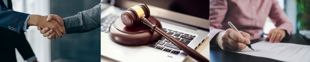 collage of photos, two people shaking hands, gavel on a computer, person signing a document