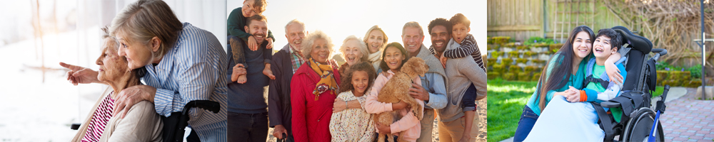 collage of photos, two older women looking out a window, a large family group photo, a mother with a child in a wheelchair