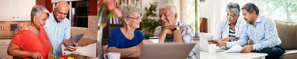collage of photos of older adults working on computer or tablets