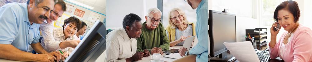 collage of older adults working on computers