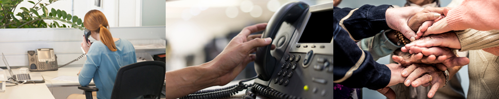 collage of photos, a woman on a phone, a person picking up the phone, a group of people with their hands together