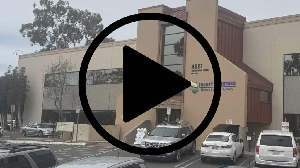 Photo of exterior of Human Services Agency building at 4651 Telephone Rd., with video player overlay.