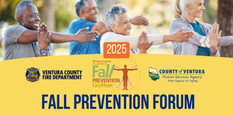 Picture of older adults practicing Tai Chi outdoors, logos for Fire Dept, Elderly Fall Prevention Coalition and VCAAA.