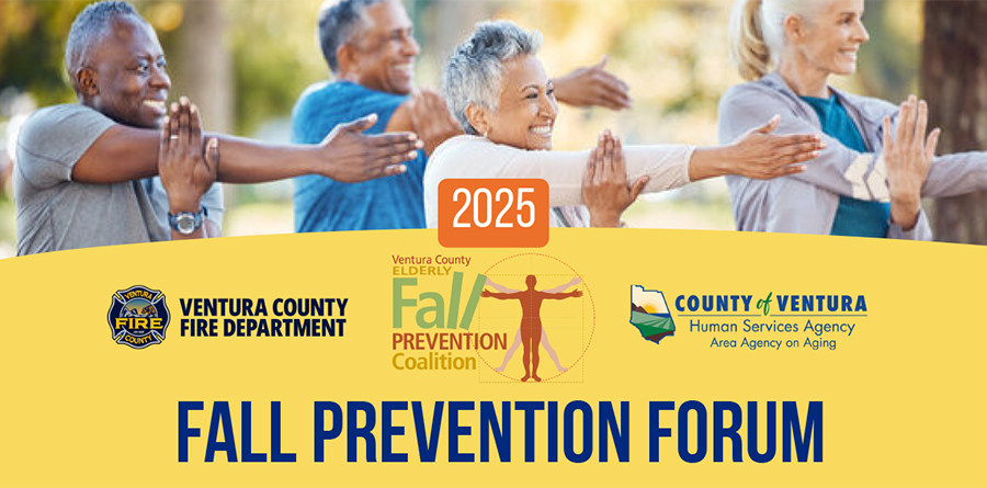 Picture of older adults practicing Tai Chi outdoors, logos for Fire Dept, Elderly Fall Prevention Coalition and VCAAA.