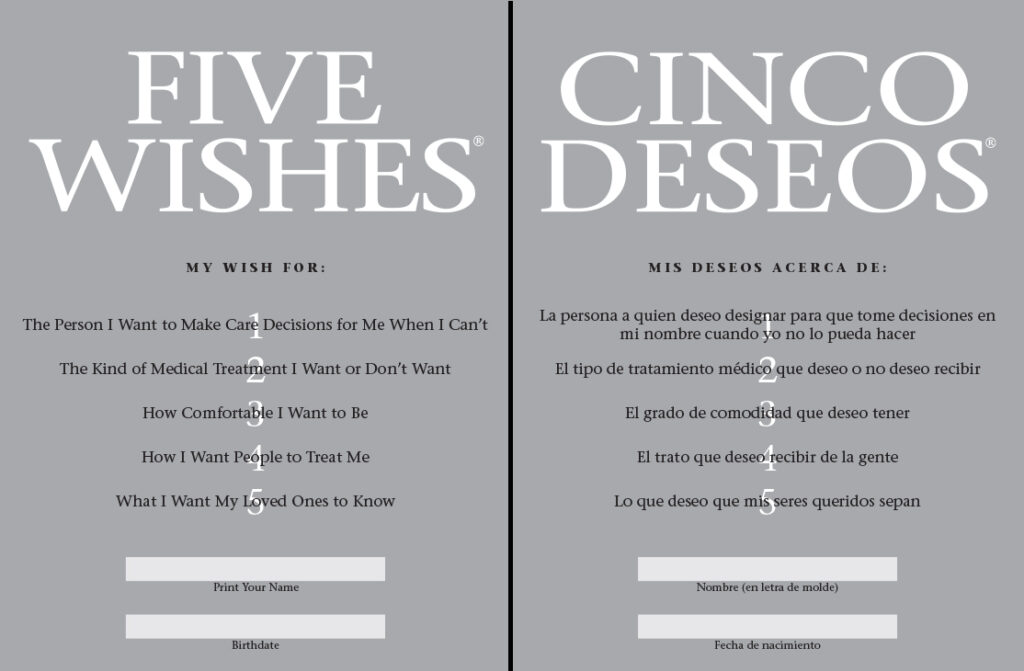 Cover of the Five Wishes document in English and Spanish